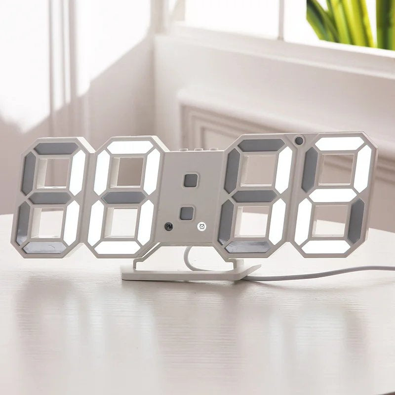 White 3d Led Digital Clock, Desk Alarm Clock